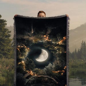 Moon Forest Throw Blanket Tapestry | Vintage Woven Rug Wall Hanging Sofa Bed Cover Decor - 100% Cotton Gift For Her