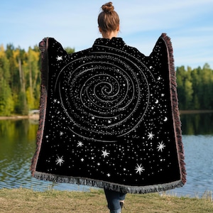 Stardust Swirl Woven Throw Blanket: Vintage Astrology Woven Tapestry, Cotton Outer Space Blanket for Dark Academia and Decor Celestial Decor