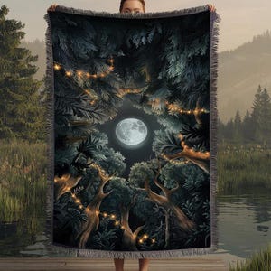 Moon Forest Throw Blanket Tapestry | Vintage Woven Rug Wall Hanging Sofa Bed Cover Decor - 100% Cotton Gift For Her