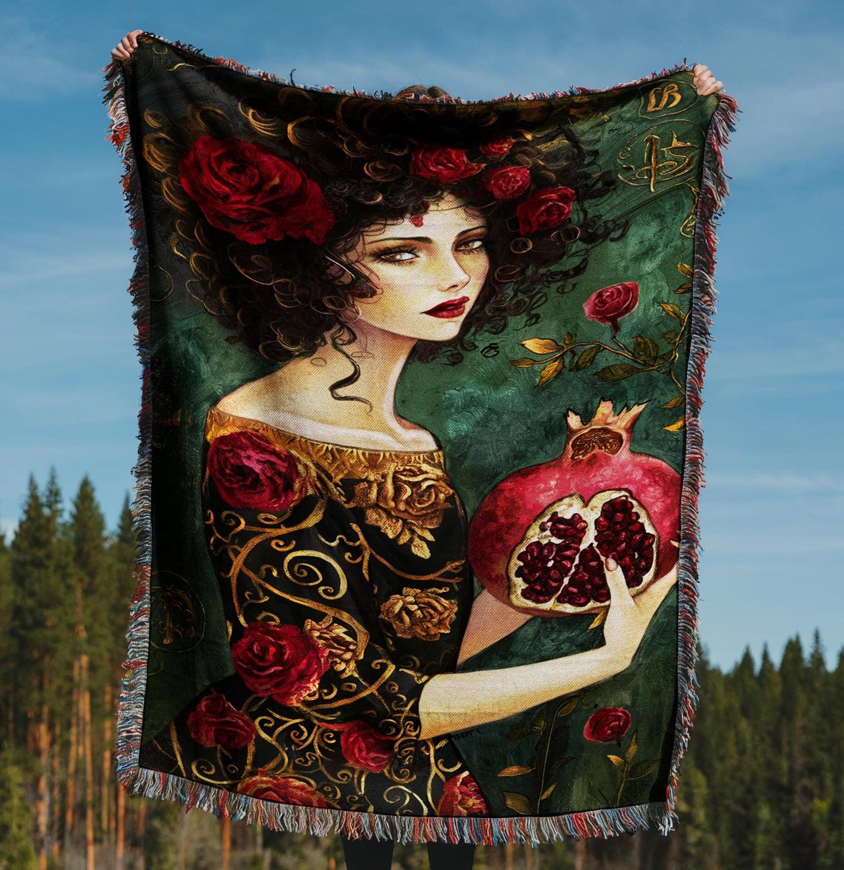 Woven Blanket: Girl with red roses Vintage Pomegranate Vintage Style Quilt & Cozy Picnic Blanket , woven blanket, personalized