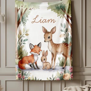Personalized Woodland Animal Baby Name Custom Blanket Gift Idea For Baby Boy Girl, Newborn Baby Woodland Animal Blanket Photo, Deer Blanket