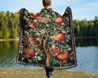 Pomegranate woven blanket,  tapestry, Vintage Style Quilt & Cozy Picnic Blanket , woven blanket, personalized, Jacquard with Fringed Edge