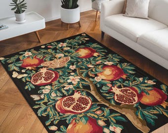 Gothic Forestcore Vintage Pomegranate Rug Botanical Goblincore Decor | Mystic Baroque Inspired Dark Academia Floral Butterfly Whimsigothic
