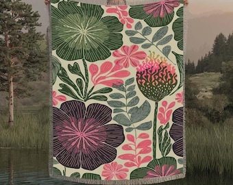 Floral Cottagecore Flowers Throw Blanket Tapestry | Vintage Woven Rug Wall Hanging Sofa Bed Cover Decor - 100% Cotton Gift For Her