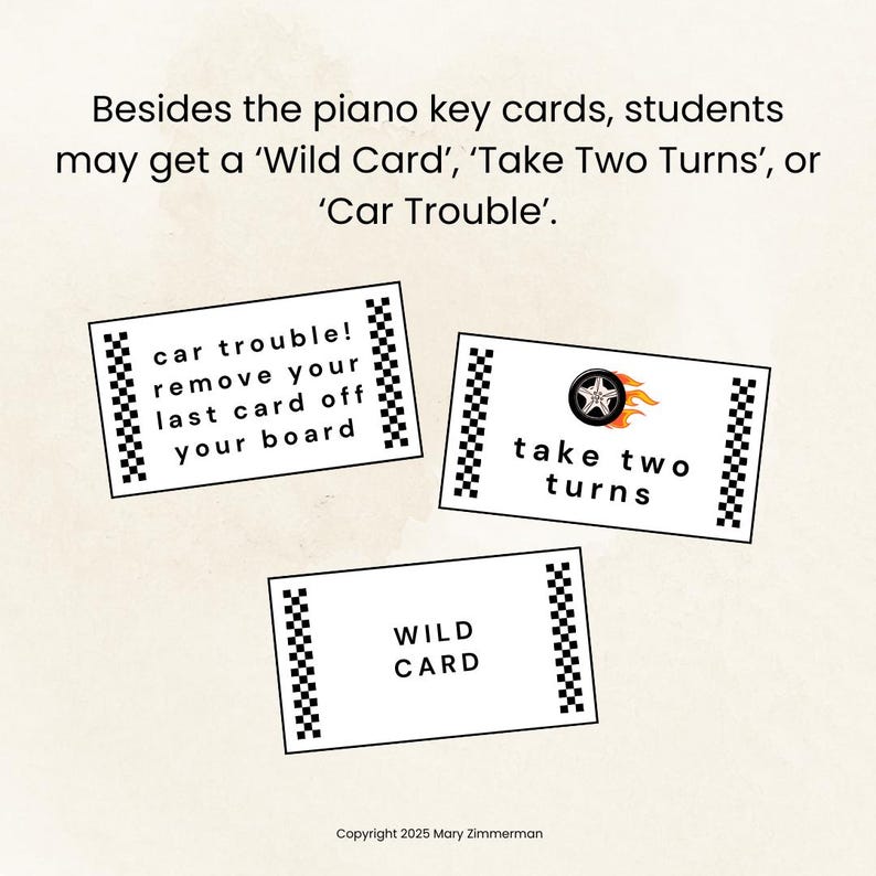 May include: Three white game cards with black and white checkered borders. The cards feature text such as "Car Trouble!", "Take Two Turns", and "Wild Card". The background is a light beige color.