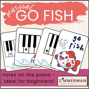 May include: Four white flashcards with piano keys and a cartoon fish. The cards have the text "musical GO FISH" and "ge fish". The bottom of the image reads "notes on the piano - ideal for beginners!"