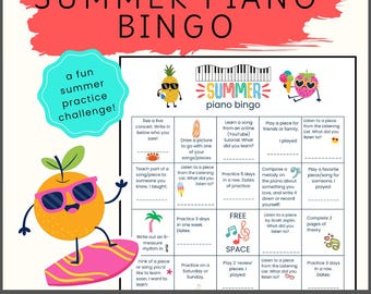 Può includere: Un colorato tabellone di gioco "Summer Piano Bingo" con uno striscione rosso e personaggi di frutta dei cartoni animati. La scheda del bingo presenta attività a tema estivo come l'apprendimento di canzoni e la pratica del pianoforte. Include "2 livelli di difficoltà + una lista di ascolto musicale estiva inclusa!"