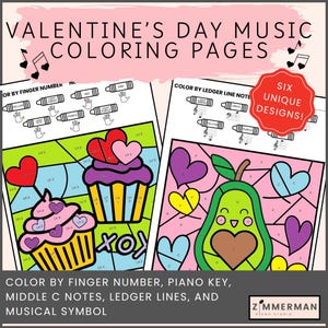 Valentine&#39;s Day Music Coloring Pages | Color by Music Notes | Music Theory Worksheets | Printable Pages | Instant Download PDF | Activity