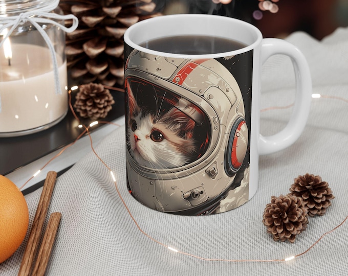 Astro Cat Ceramic Mug - Out of This World Cat Lover Gift, Funny Coffee Cup, Space Cat Design, Fun Kitchen Decor, Unique Cat Mug