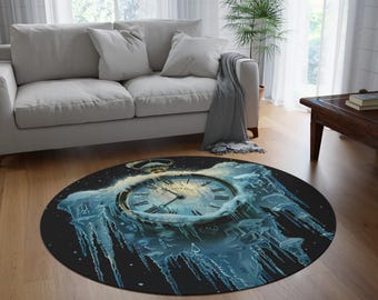 Frozen Time Round Rug, Cozy Home Decor, Vintage Clock Design, Winter Vibes, Perfect for Living Room, Unique Gift Idea