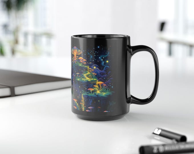 Cosmic Mushroom Mug  Enchanting Black 11oz & 15oz, Perfect for Tea, Coffee, Gifts, Vibrant Design, Mystical Atmosphere