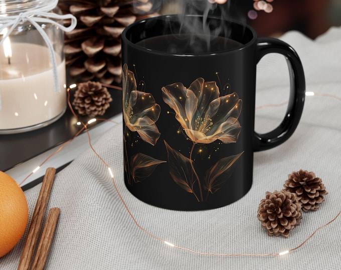 Elegant Floral Black Mug, Gift for Tea Lovers, Coffee Mug for Mom, Home Decor, Unique Housewarming Present