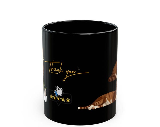 Whimsical Cat Thank You Mug, Cute Coffee Cup, Gifts for Cat Lovers, Pet Owner Present, Black Cat Ceramic Mug, 11oz 15oz