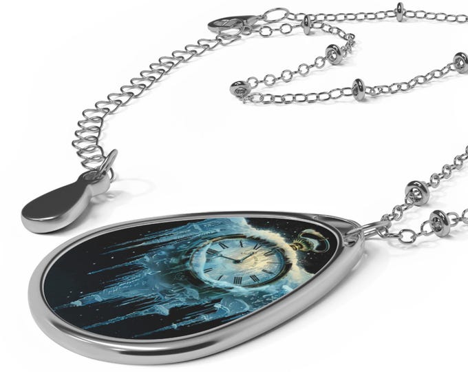 Ice Clock Pendant Necklace, Ice Jewelry, Oval Pendant, Unique Necklace, Gift for Her, Statement Jewelry