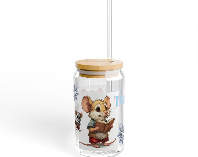 Thank You Sipper Glass, 16oz, Cute Mouse Design, Eco-Friendly Drinkware, Perfect for Parties, Gifts, and Everyday Use