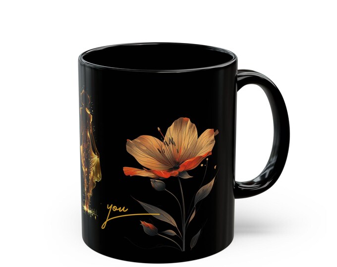 Elegant Thank You Black Mug, Floral Design Coffee Cup for Gift, Birthday, Appreciation, Home Decor, 11oz, 15oz