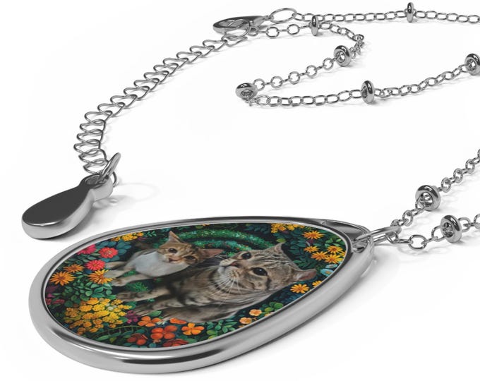 Whimsical Cat Artwork Oval Necklace, Perfect Gift for Cat Lovers, Pet Memorial, Boho Jewelry, Nature-Inspired Accessory