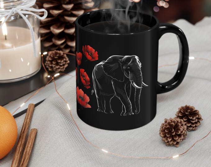 Elegant Elephant Black Coffee Mug, Perfect Gift for Nature Lovers, Floral Mug for Home, 11oz & 15oz Sizes, Artisanal Drinkware, Unique