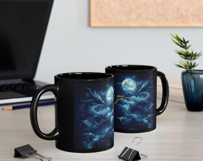 Mystical Dragon Thank You Mug | Black Ceramic Cup | Gift for Dragon Lovers | Unique Coffee Mug | Birthday, Gratitude, Appreciation