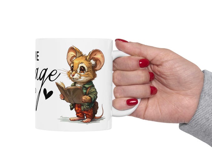 Mouse Reading Book Ceramic Mug, Cute Coffee Cup for Morning Readers, Bookworm Gift, 11oz 15oz Sizes, Literary Mug, Mouse Lover Gift, Coffee