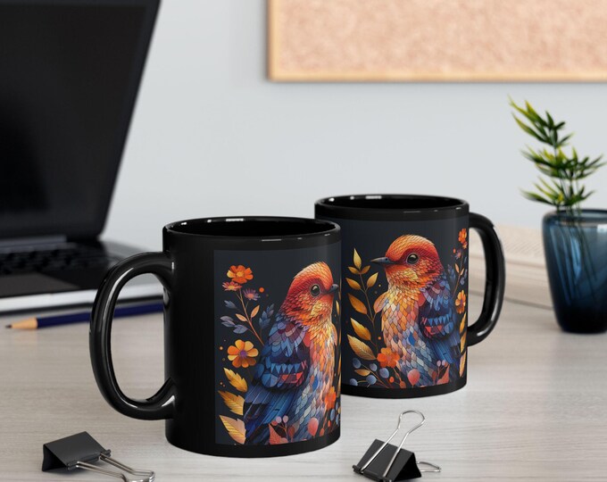 Colorful Bird Art Black Mug, Perfect Gift for Nature Lovers, Coffee Lovers, Fall Decor, Unique Housewarming Gift