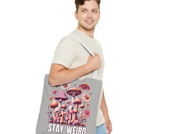Graphics Stay Weird Mushroom Tote Bag | Fun and Quirky Eco-Friendly Shopping Bag