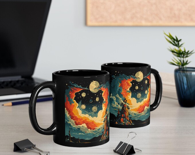 Celestial Dreams Black Mug - Artistic Coffee Cup for Star Gazers, Gift for Space Lovers, Unique Home Decor, Astronomy Enthusiast, Cosmic