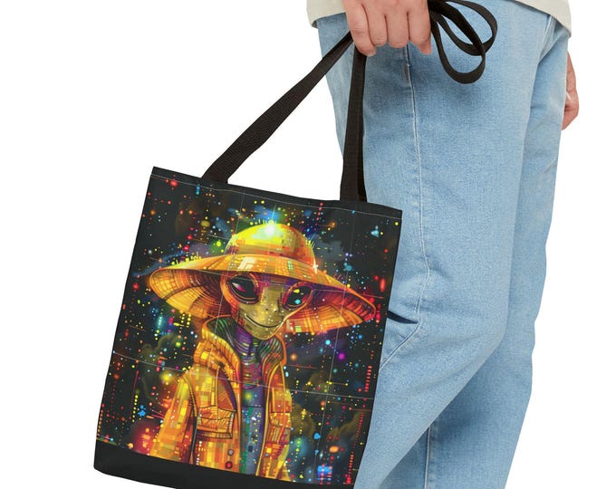 Cosmic Alien Tote Bag - Colorful Galactic Design, Perfect for Every Day, Groceries, Travel, Gifts, and Festivals.