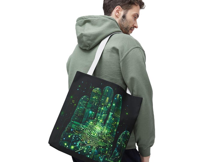 Futuristic Green Hand Tote Bag, Cyberpunk Style, Eco-Friendly Shopping Bag, Gift for Tech Lovers, Everyday Carry