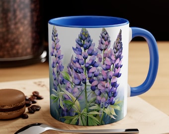 Lupine Floral Accent Mug - Gift for Gardeners, Coffee Lover, Spring Decor, Mother's Day, Home, Office, Orchid Design