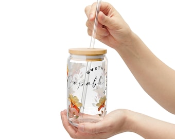 Floral Sipper Glass, 16oz Inspiring Drinkware, Perfect Gift for Motivational Moments, Home Decor, Eco-Friendly Cup