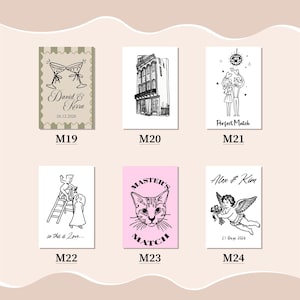 Puede incluir: Una colecci&oacute;n de seis tarjetas con varias ilustraciones. Las tarjetas presentan dibujos de copas de champ&aacute;n, un edificio, una pareja, un gato, un &aacute;ngel y una pareja en una escalera. El texto incluye nombres, fechas y frases como "Perfect Match" y "so this is Love..."