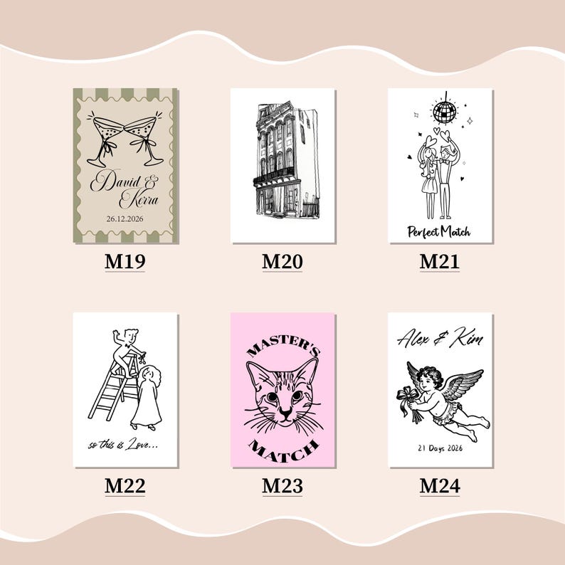 Puede incluir: Una colecci&oacute;n de seis tarjetas con varias ilustraciones. Las tarjetas presentan dibujos de copas de champ&aacute;n, un edificio, una pareja, un gato, un &aacute;ngel y una pareja en una escalera. El texto incluye nombres, fechas y frases como "Perfect Match" y "so this is Love..."