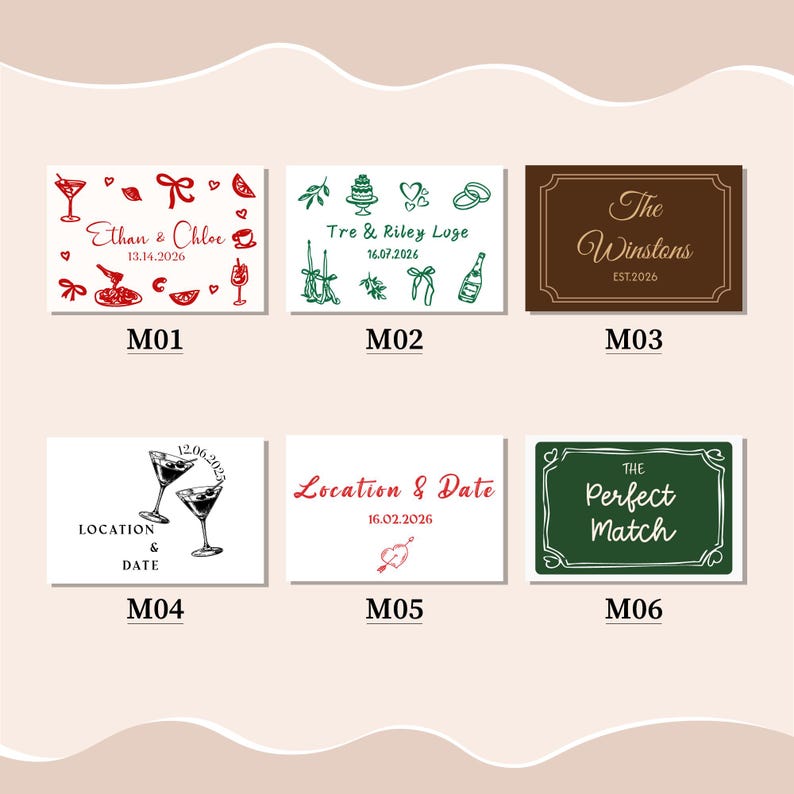 Puede incluir: Seis dise&ntilde;os rectangulares con temas de boda. Cada dise&ntilde;o incluye texto e ilustraciones, como nombres, fechas y elementos decorativos como corazones, c&oacute;cteles y anillos de boda. La paleta de colores incluye rojo, verde y marr&oacute;n.