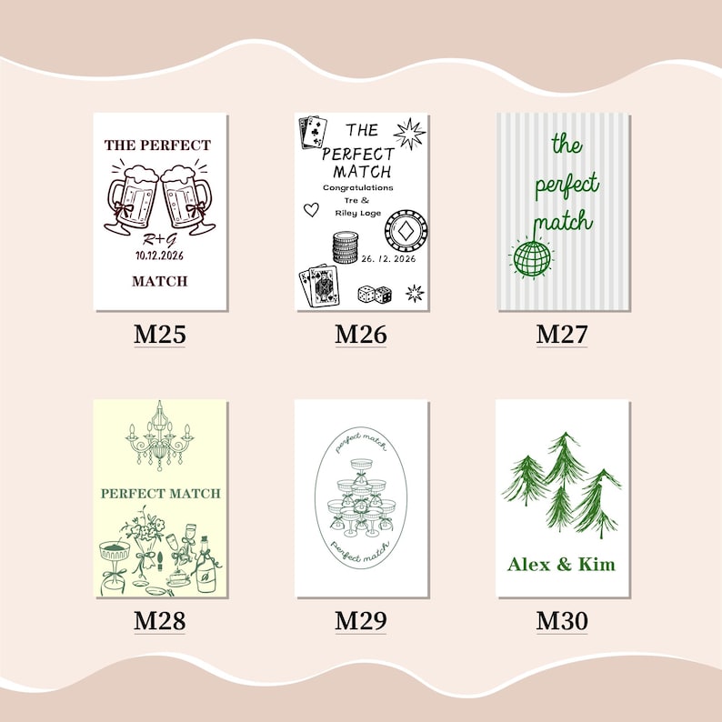 Puede incluir: Una colecci&oacute;n de seis tarjetas blancas con varios dise&ntilde;os y texto. Las tarjetas presentan ilustraciones de jarras de cerveza, naipes, un globo terr&aacute;queo, una l&aacute;mpara de ara&ntilde;a, copas de champ&aacute;n y pinos. El texto incluye "THE PERFECT MATCH" y nombres.
