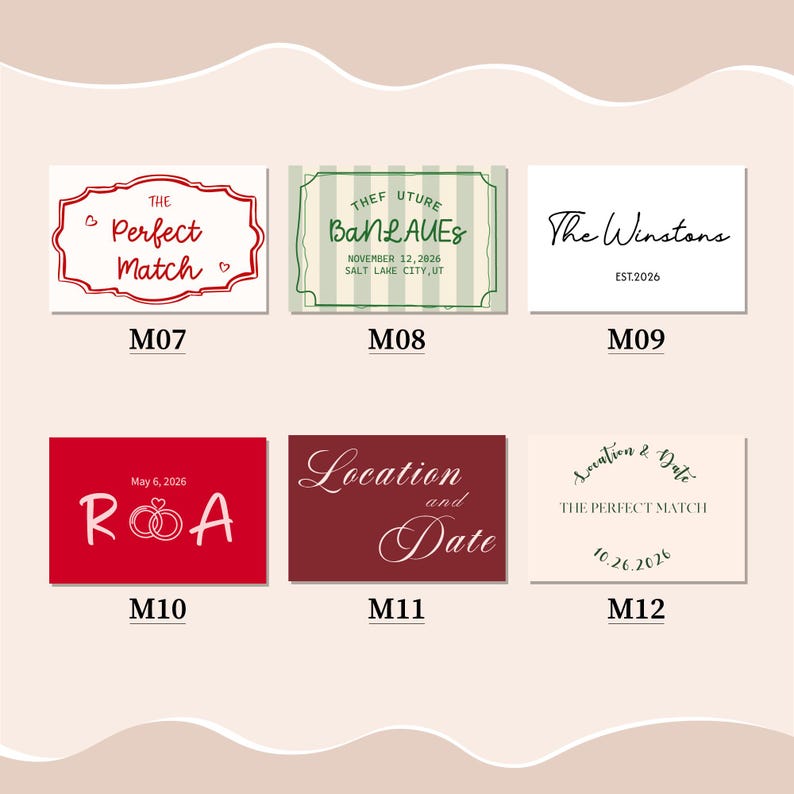 Puede incluir: Una colecci&oacute;n de tarjetas rectangulares con texto tem&aacute;tico de boda. Las tarjetas presentan frases como "The Perfect Match" y nombres. Los colores incluyen rojo, blanco y verde. Algunas tarjetas tienen bordes decorativos y fechas.