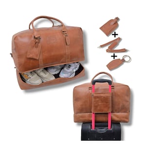 Genuine Tan Leather Duffle Bag for Men & Women – Handmade Vintage Travel Overnight Gym Bag with Shoe Compartment