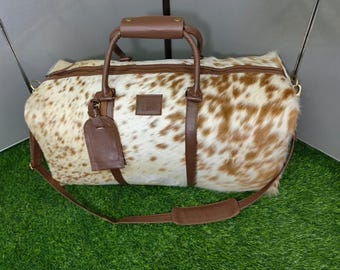 Handmade Cowhide Leather Duffle Bag, Hair-On Hide Western Weekender Travel Luggage