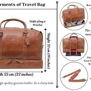 May include: Brown leather travel bag with a 22-inch length, 14-inch height, and 10-inch width. Features include a separate shoe compartment, a trolley sleeve, and an adjustable strap with a 49-inch total length. The bag is crafted from high-quality genuine leather.