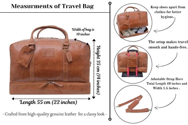 May include: Brown leather travel bag with a 22-inch length, 14-inch height, and 10-inch width. Features include a separate shoe compartment, a trolley sleeve, and an adjustable strap with a 49-inch total length. The bag is crafted from high-quality genuine leather.