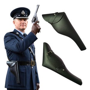 May include: A black leather holster featuring a flap closure with a metal snap button and an adjustable strap with a metal buckle. The holster is designed for a revolver and is shown both worn on a belt and as a separate item.