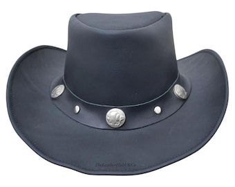 Handmade Black Leather Cowboy Hat | Wide Brim Western Style, Unisex Fit