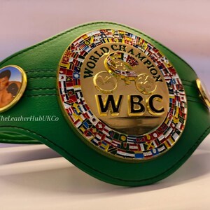 Mini Kids WBC Boxing Belt side view – Adjustable green leather strap, 3D gold plates, durable replica toy for children