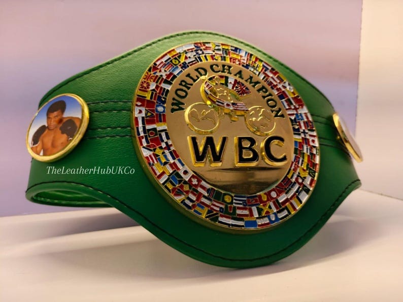 Mini Kids WBC Boxing Belt side view – Adjustable green leather strap, 3D gold plates, durable replica toy for children