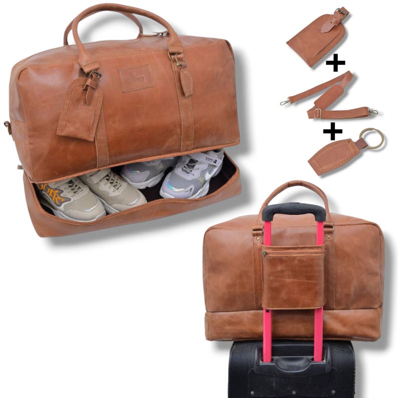 May include: A brown leather duffel bag with a separate shoe compartment, shown with a luggage tag, shoulder strap, and keychain. The bag is designed to be placed on top of a rolling suitcase. The bag is shown with a pair of sneakers inside.