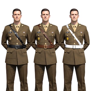 May include: Three olive green military uniforms with black, brown, and white belts and shoulder straps. The uniforms feature gold buttons and insignia. The image shows a variety of military attire.