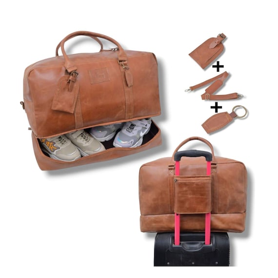 Genuine Tan Leather Duffle Bag: Vintage Travel Gym Bag with Shoe Compartment