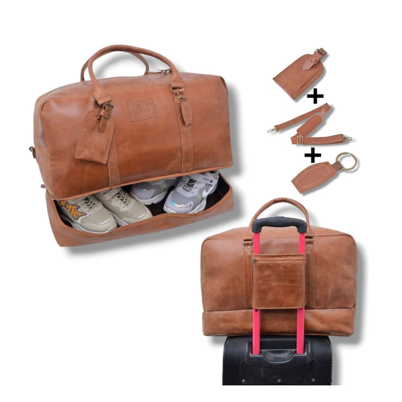 Genuine Tan Leather Duffle Bag for Men & Women – Handmade Vintage Travel Overnight Gym Bag with Shoe Compartment