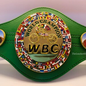 Mini championship boxing belt for kids – Front view, 3D shiny gold plates, adjustable green leather strap