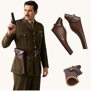 May include: A brown leather holster with a flap and belt loop, shown in multiple views. The holster is designed to hold a handgun. The image also shows a person wearing a military uniform and a holster on their belt.